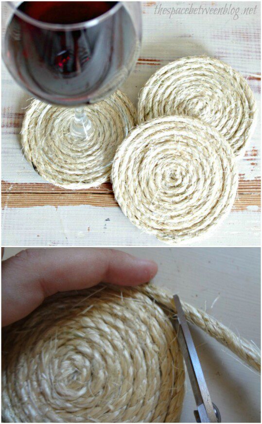 Rope coasters made with a craft glue gun