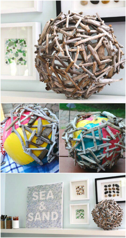 Driftwood orb made with a craft glue gun